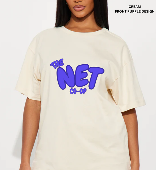 CREAM COLOR UNISEX OVERSIZED TEE FRONT PURPLE DESIGN.