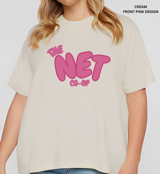 CREAM COLOR UNISEX OVERSIZED TEE FRONT PINK DESIGN.