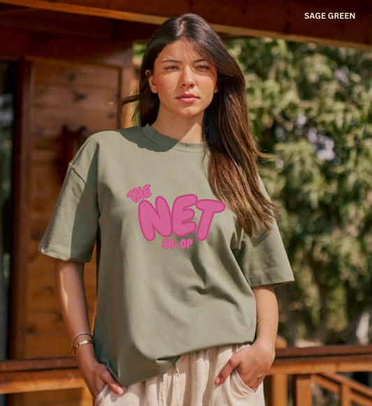 SAGE GREEN COLOR UNISEX OVERSIZED TEE PINK FRONT DESIGN