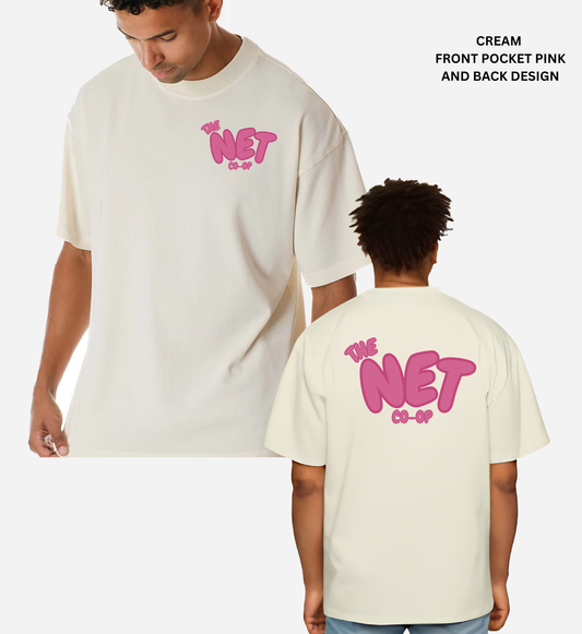 CREAM COLOR UNISEX OVERSIZED TEE FRONT AND BACK PINK DESIGN.