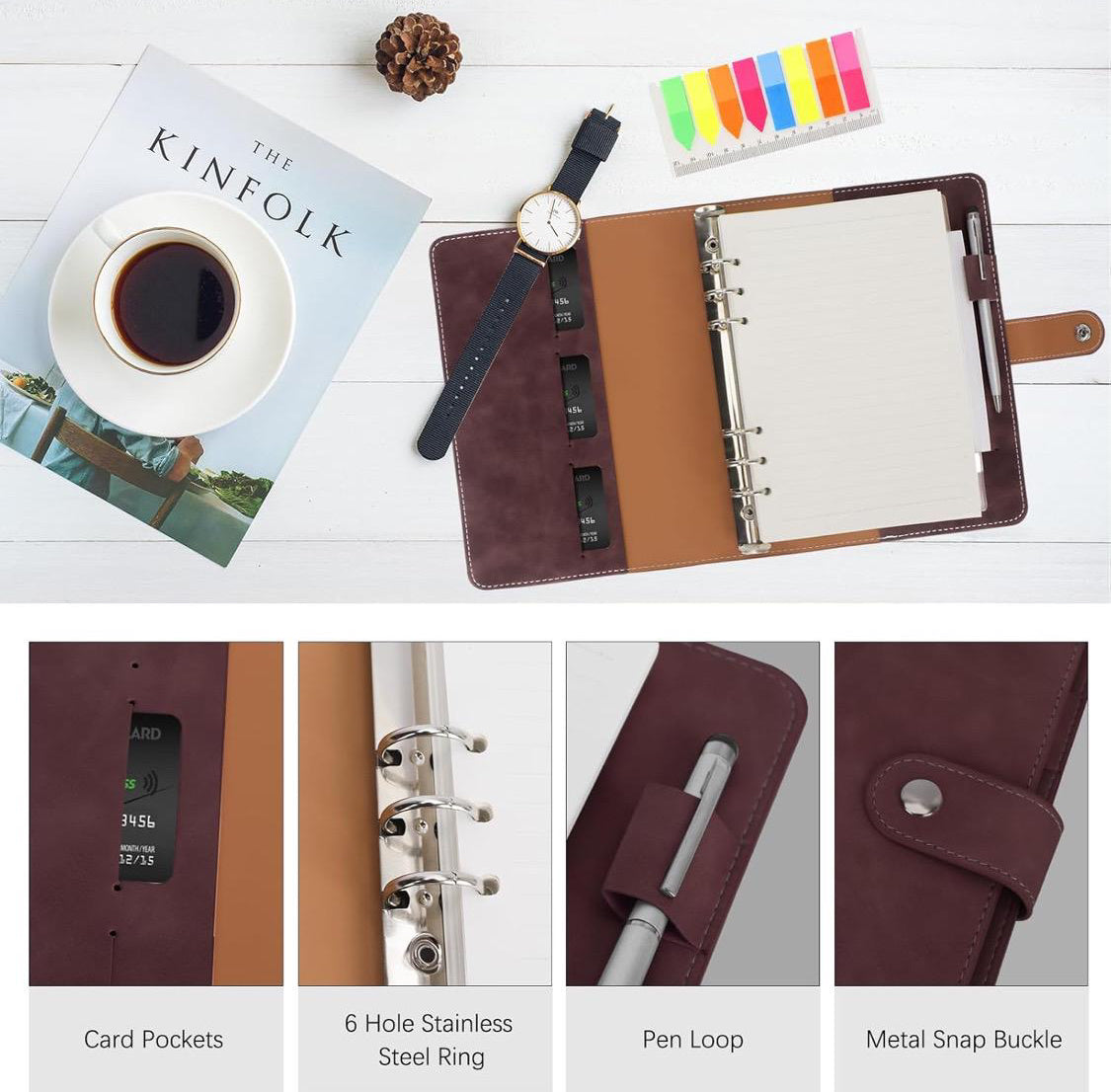 Custom Front Cover Engraved A5 PU Leather Binder 6-Ring Notebook Binder with Refill Paper, Sticky Notes.