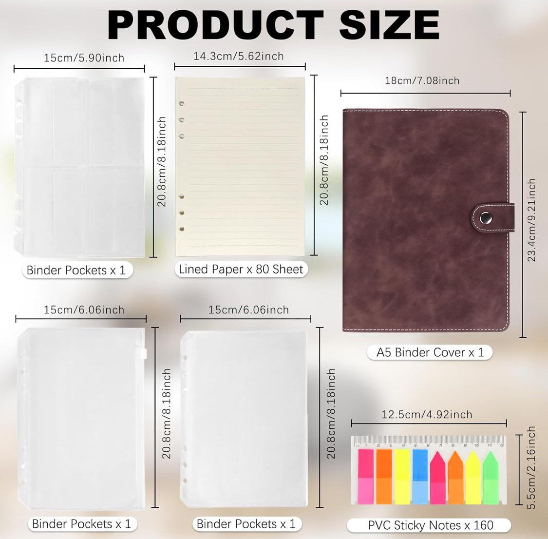 Custom Front Cover Engraved A5 PU Leather Binder 6-Ring Notebook Binder with Refill Paper, Sticky Notes.